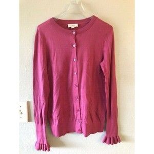 LOFT Sweater Women's XS Lightweight Cotton Cardigan Pink Ruffle Sleeve